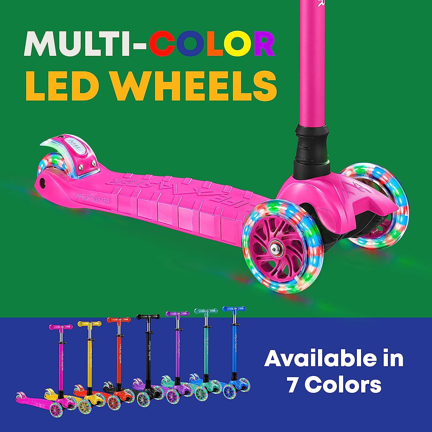 Lifemaster Mini 3-Wheel Kids Scooter with Multi-Color Wheel Lights – 4-Height Adjustable Handlebar, Wide Anti-Slip Deck, Child Safety Certified, Boys & Girls Ages 2+ Supports Up to 110 lbs