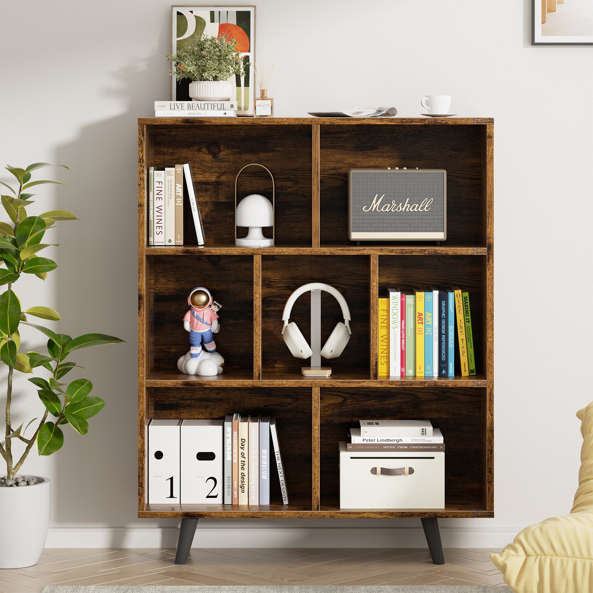 Walsunny Cube Bookcases Bookshelves 7 Cube Organizers with Legs 43" Tall Wooden Open Storage Display Bookshelf for Living Room Bedroom Office Brown