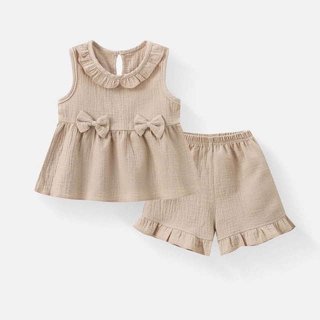 Zpanxa Girls 2 Piece Outfits Solid Color Round Neck Sleeveless Bow Detail Top with Ruffle Hem Shorts Set 3-4 Years
