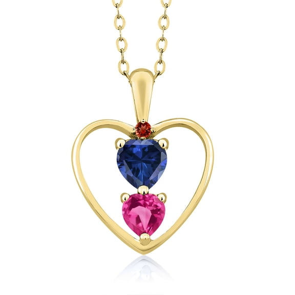 18K Yellow Gold Plated Silver Blue Created Sapphire Pink Created Sapphire and Red Garnet Pendant Necklace for Women (1.01 Cttw, Gemstone Birthstone, Heart 5MM and 4MM, with 18 inch Silver Chain)