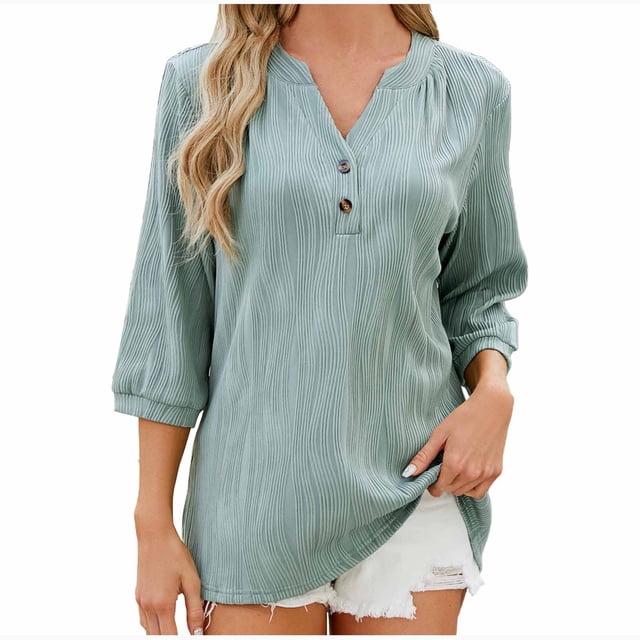 Timegard Womens Tops Notched V-Neck 3/4 Sleeve Textured Solid Color Tee Dressy Casual Loose Top Blouse