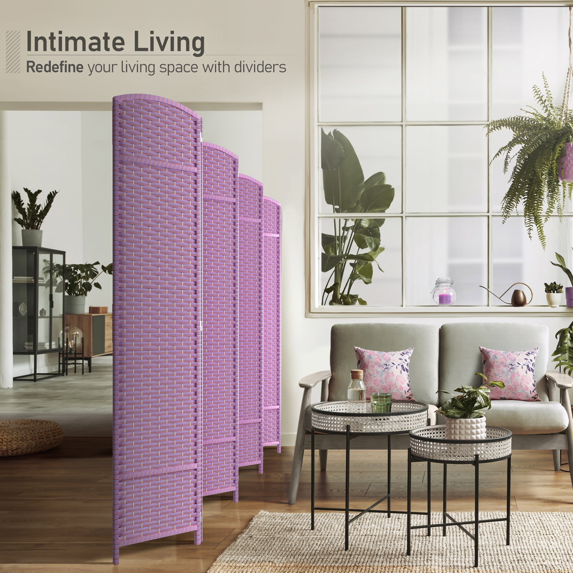Sorbus 8-Panel Extra-Wide Folding Room Divider Privacy Screen, Hand-Woven Purple Mesh