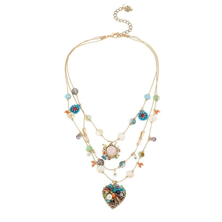 Weave and Sew Woven Mixed Multi-Colored Bead and Flower Heart Illusion Necklace
