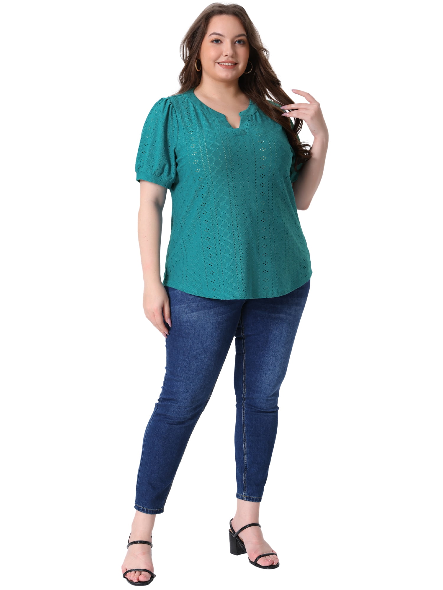 DARING DIVA Women's Plus Tops Hollow Casual V Neck  Summer Blouse Shirts 5X Turquoise