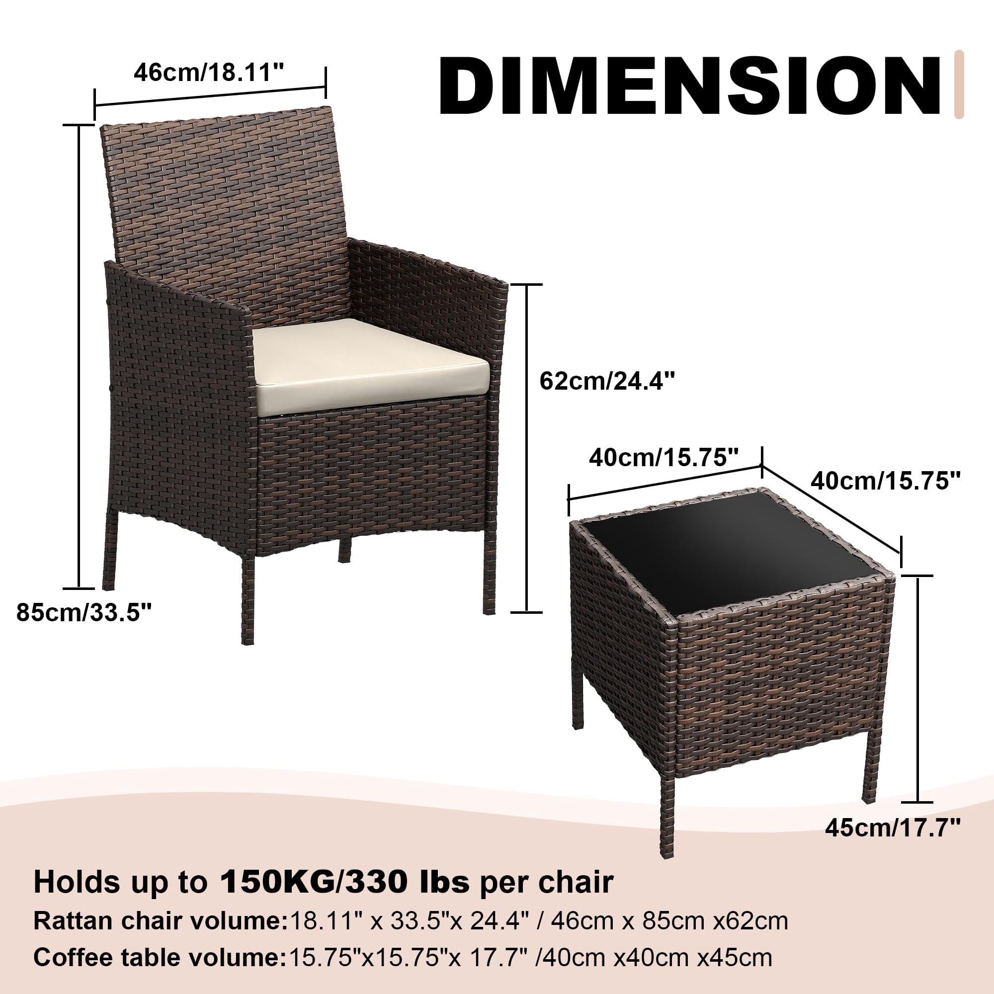 3 Pieces Patio Furniture Sets Outdoor PE Rattan Wicker Chairs with Soft Cushion and Glass Coffee Table for Garden Backyard Porch Poolside
