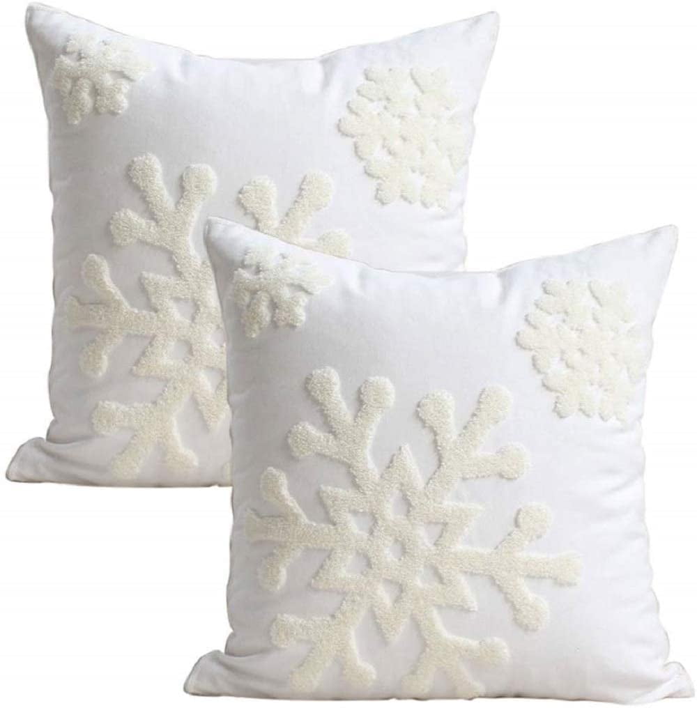 S-shine Crafts Canvas Cotton Embroidery Throw Covers Christmas Snow Square Throw Pillow Covers Winter Snowflake Theme 17 x 17 White