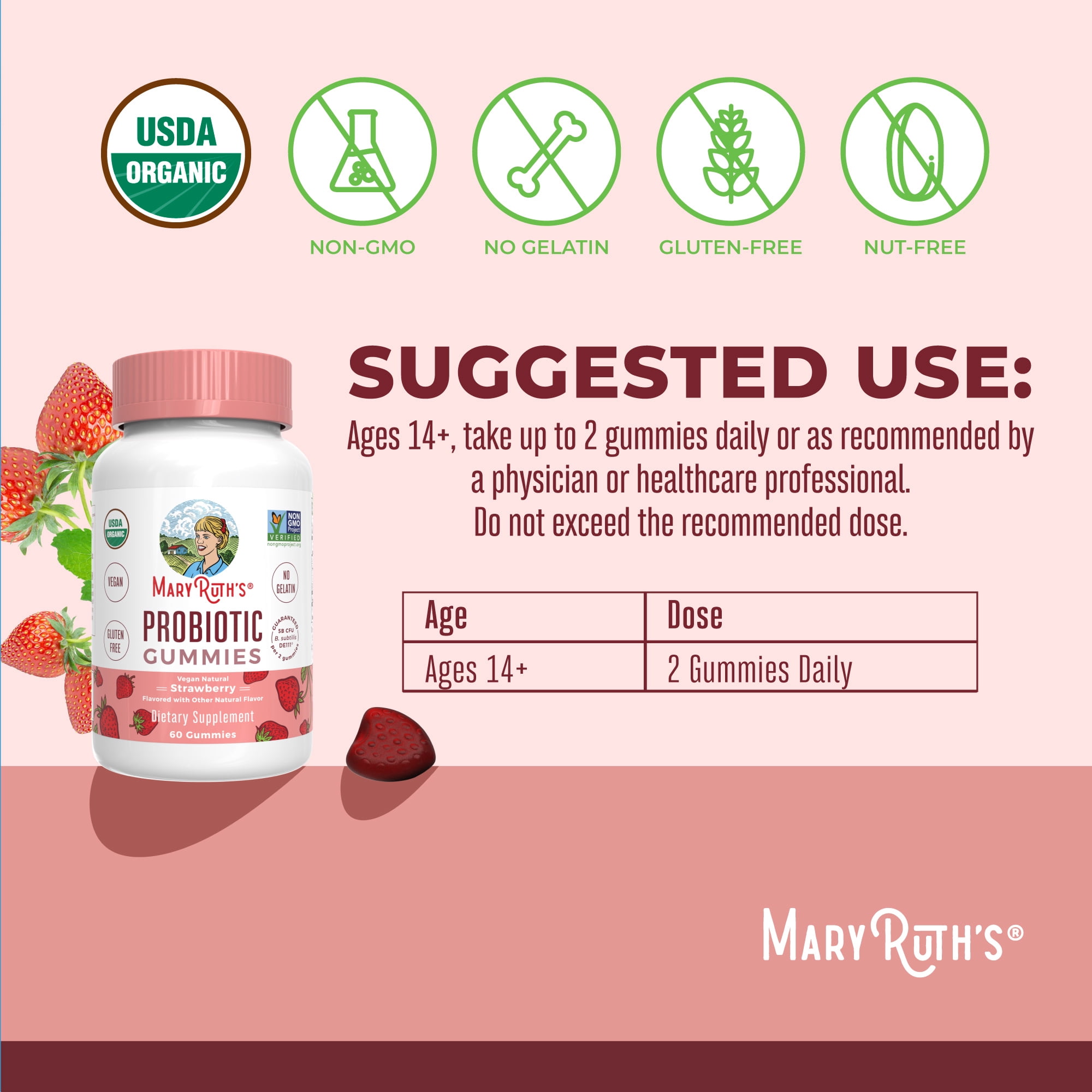 MaryRuth's Probiotic Gummies USDA Organic, 5 Billion CFU, Vegan, Gluten-Free, Dairy-Free for Digestive Health, 60 Count