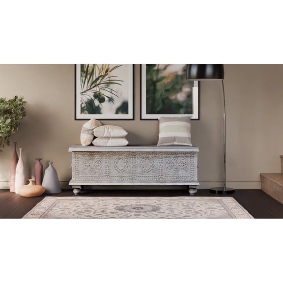 Taran Designs Bailey Carved Solid Wood Storage Ottoman in White