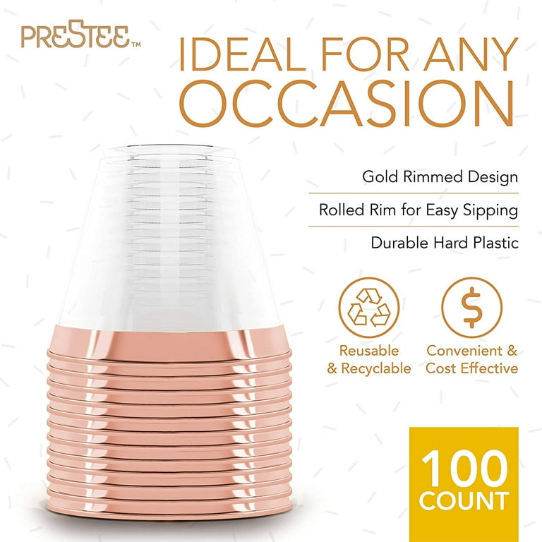 Prestee 100 Rose Gold Plastic Cups 9 oz Hard Disposable Cups