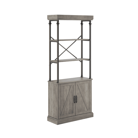 Industrial Farmhouse Bookcase with Doors - 74" Tall Wood & Metal Bookshelf with Storage Cabinet, Vintage Open Shelf Design for Living Room, Home Office, Bedroom, Library