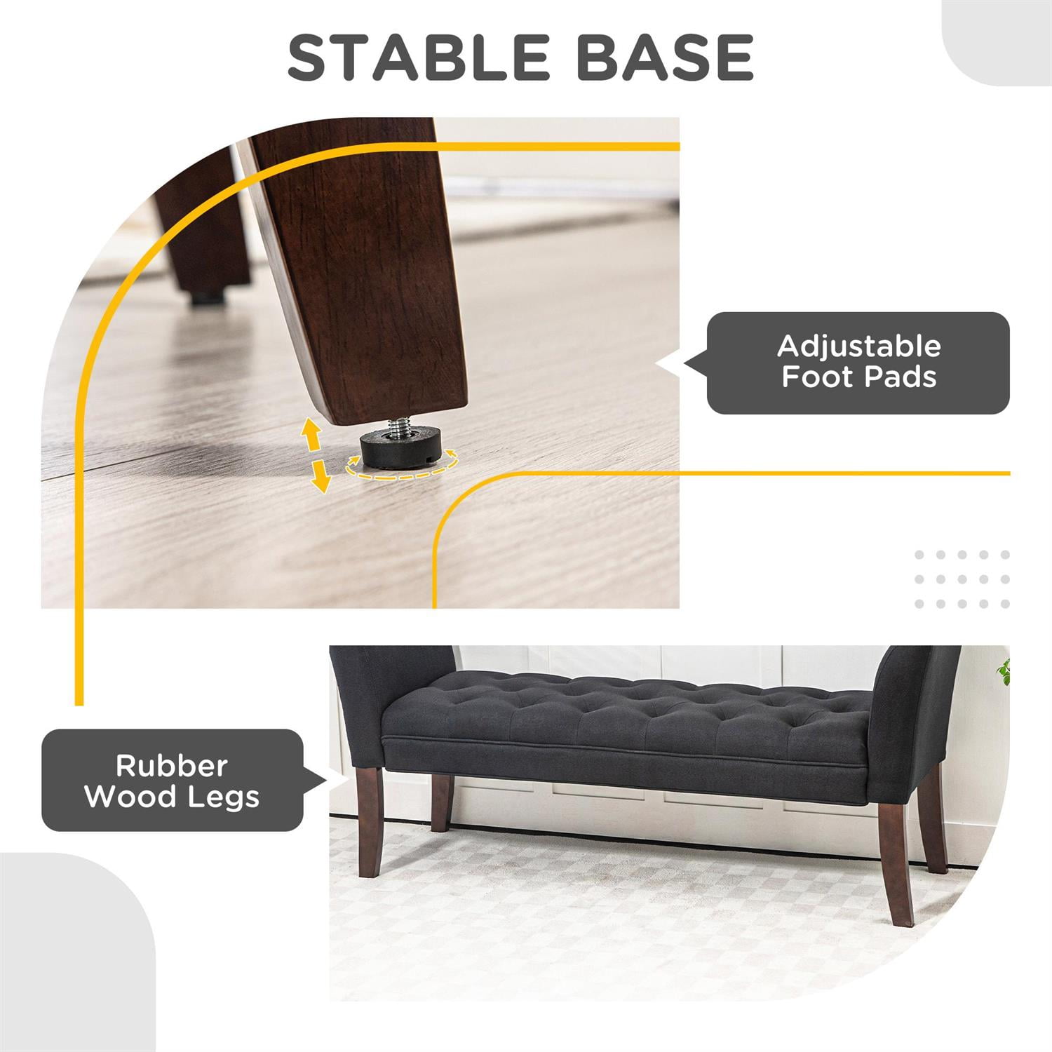 Demi Bonn 55" Upholstered Bench with Button Tufted Design, Armrest & Solid Wood Ends for Bedrooms, Comfortable Seating & Stylish Decor, Black