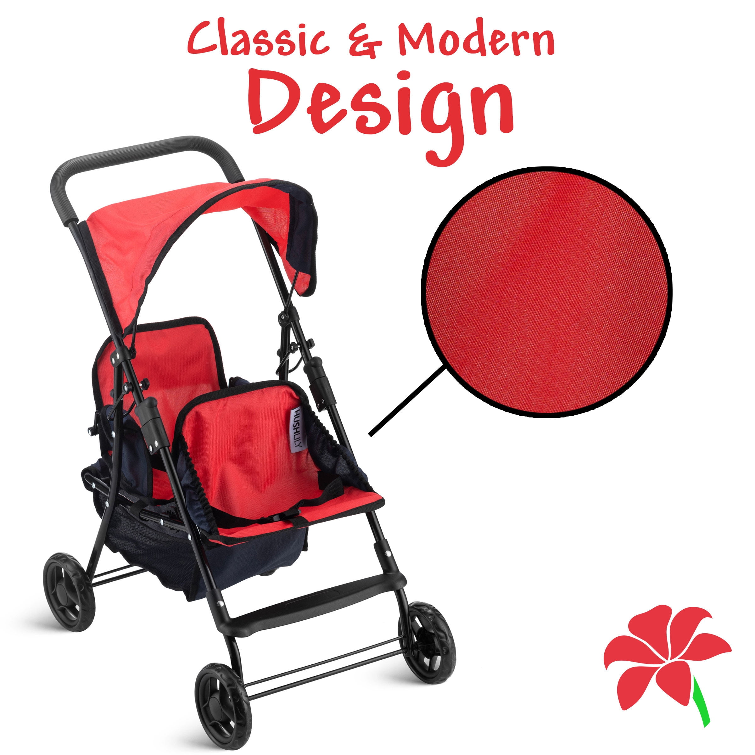 HUSHLILY - Tandem Double Doll Stroller with Adjustable Canopy & Basket, Foldable, with Smooth Rolling Wheels (Red & Blue)