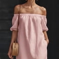 thumbnail image 2 of Morttic Women's Stylish Solid Color Off Shoulder Mini Dress – Elegant Side Pocket Summer Vacation & Everyday Outfit Pink，S, 2 of 3