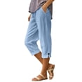 thumbnail image 3 of Shadoumai Capri Pants for Women Summer Casual Cropped Linen Pants Pull on Elastic Waist Side Pockets Bottoms Button Hem Trousers, 3 of 6