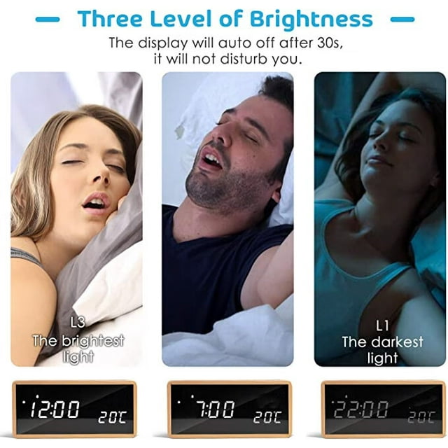 Reloj despertador digital de madera blanco con 3 configuraciones de alarma, despertador electrónico alimentado por USB con función de repetición y pantalla LED de hora y temperatura.