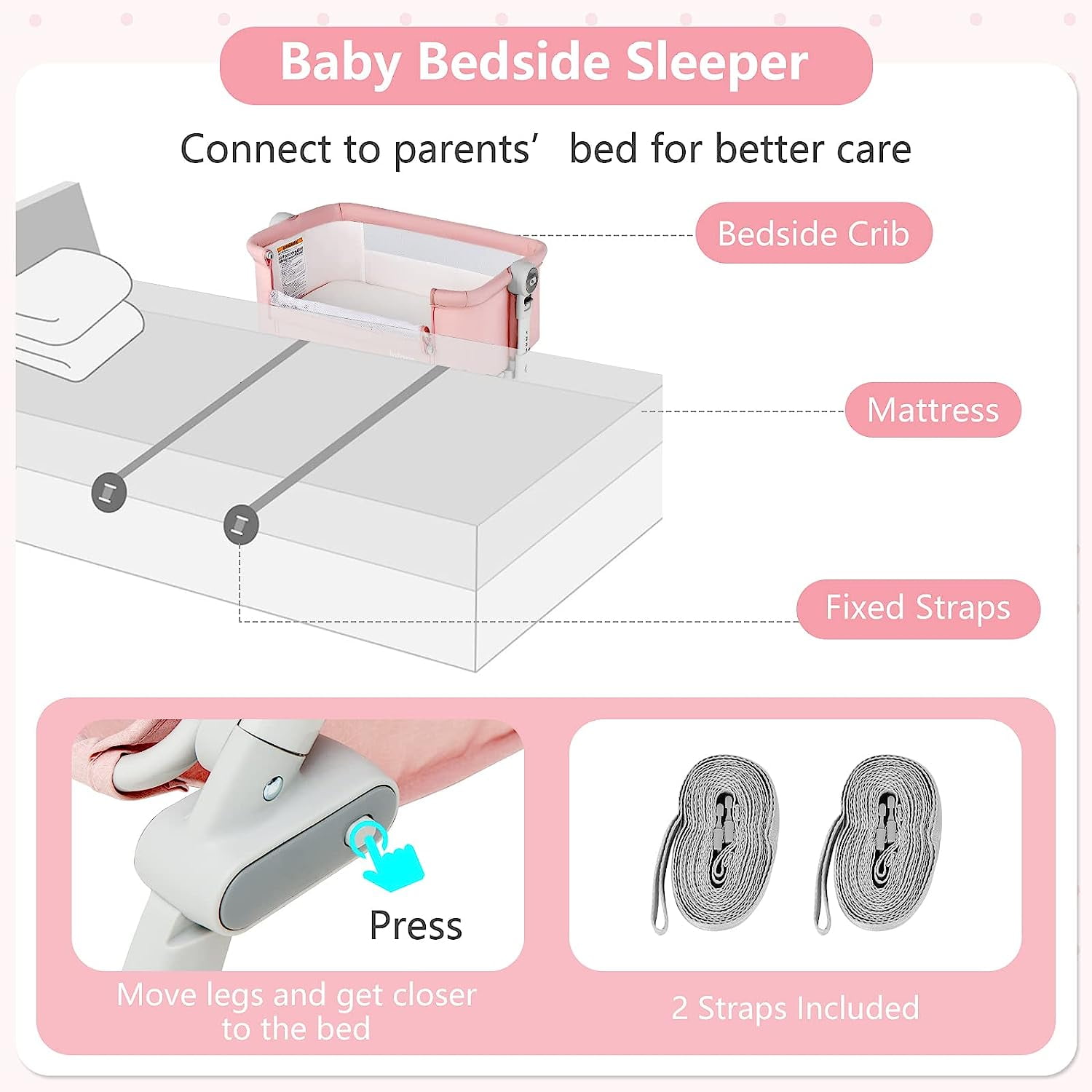 INFANS 3 in 1 Baby Bassinet, Folding Bedside Sleeper Crib with Mattress Pad, Height Angle Adjustable, Portable Rocking Cradle with Wheels Storage Basket Travel Bag for Infant Newborn (Pink)