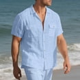 thumbnail image 5 of hlysgo Linen Button Down Shirt Men Short Sleeve Summer Beach Shirts with Pockets Casual Plain Shirt Regular Fit Solid Color Button up Work Shirts Light Blue XL, 5 of 9
