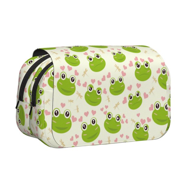 Disketp Green Frog Estuche de Lápices de Doble Capa con Tapa Abatible y Cremallera, Organizador Escolar para Adolescentes y Adultos