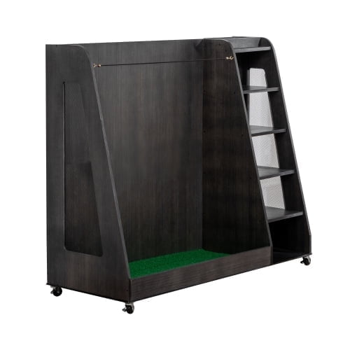 Gray Wooden Golf Bag Storage Rack with 3 Drawers - Holds 2 Stand Bags & 14  Clubs, Golf Organizer for Balls, Shoes & Accessories, Heavy Duty Steel Reinforced, Indoor/Outdoor Use (Garage, Patio), Easy