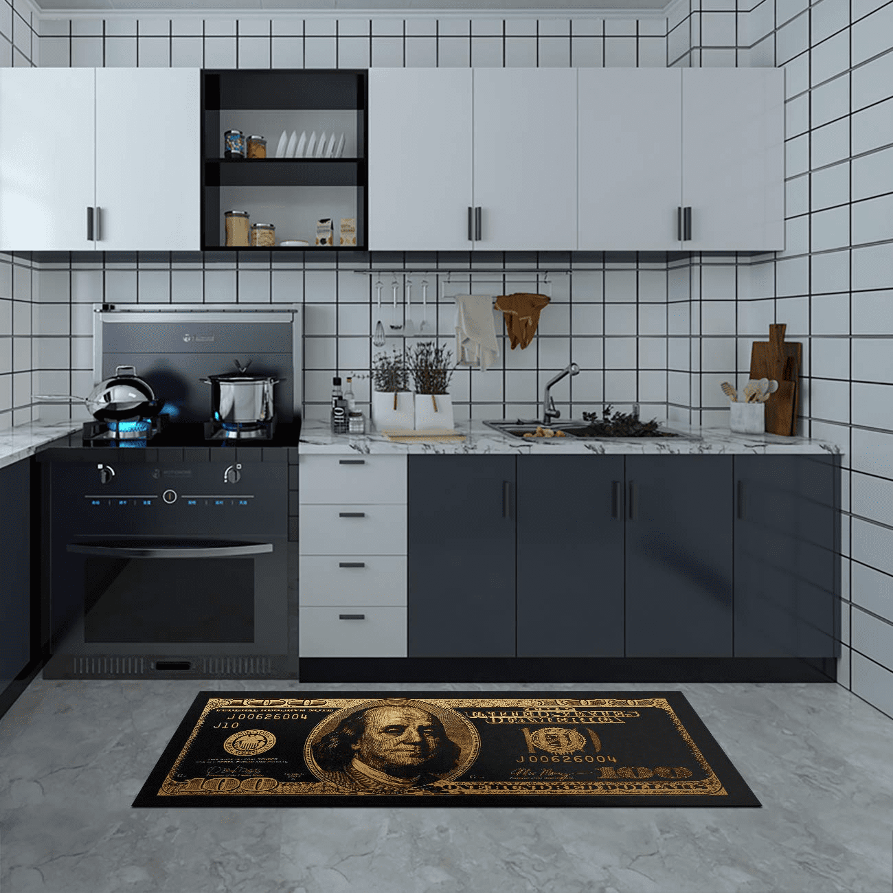 Black Gold Rugs 100 Dollar Bill Area Runner Money Rugs Nonslip Rubber Backed Laundry Room Rug Runner Floor Mat for Living Room Dining Room Washroom Bathroom Mudroom Kitchen Doormat Hallway 24"X71"