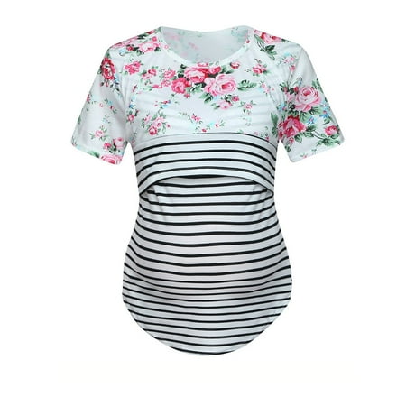 

TANGNADE Women Mom Pregnant Nursing Baby Short Sleeved Stripe Flower Tops T-shirt