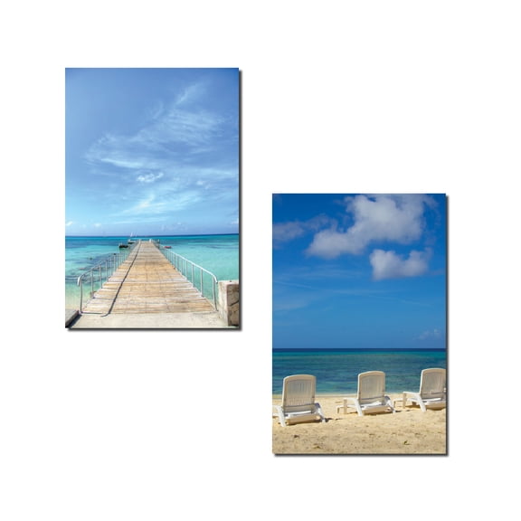 Stunning Photographs of Grand Turk Pier and Oceanside Lounge Chairs; Coastal Decor; Two 12x18in Poster Prints