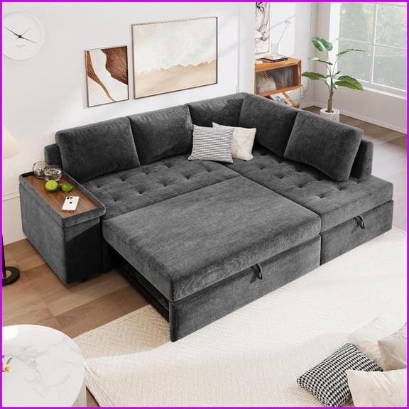 91.5” L-Shaped 3-Seat Sectional Sleeper Sofa with Hidden Storage & Pull-Out Bed - Gray Polyester Square Arms