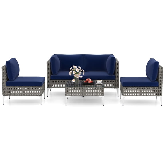Gymax Set Of 5 Outdoor Furniture Set w/ Seat & Back Cushions Tempered Glass Coffee Table