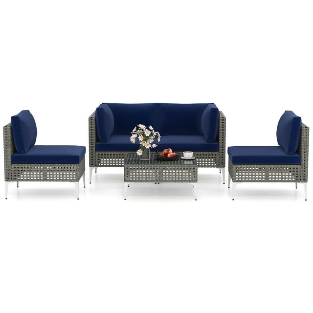 Gymax Set Of 5 Outdoor Furniture Set w/ Seat & Back Cushions Tempered Glass Coffee Table