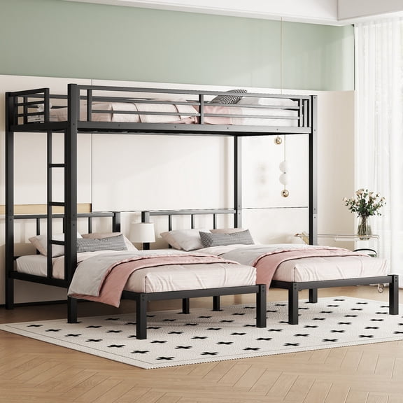 URTR Black Metal Triple Bunk Bed, Twin over Twin & Twin L-Shape Bunk Bed with Safety Guardrails, Detachable 3-in-1 Convertible Bed Frame, Noise-Reduced Design, No Box Spring Needed