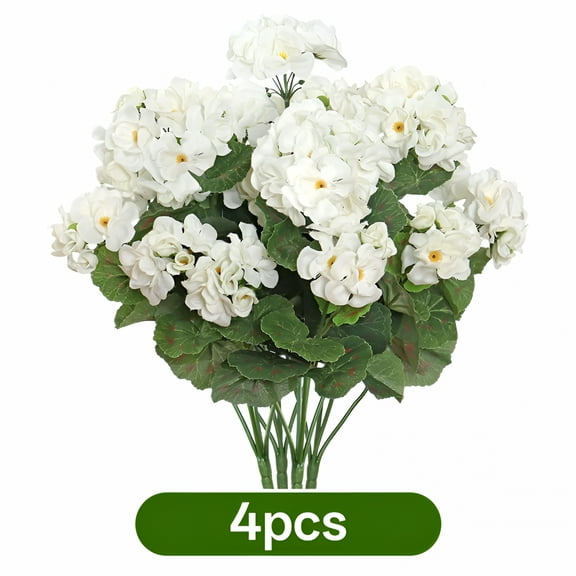 ZULAR Artificial Flowers for Outdoors,4 Pack Geraniums Silk Flowers UV Resistant No Fade Faux Flowers Geraniums Bush for Home Outdoor Garden Porch Window Vase Wedding Decor(White)