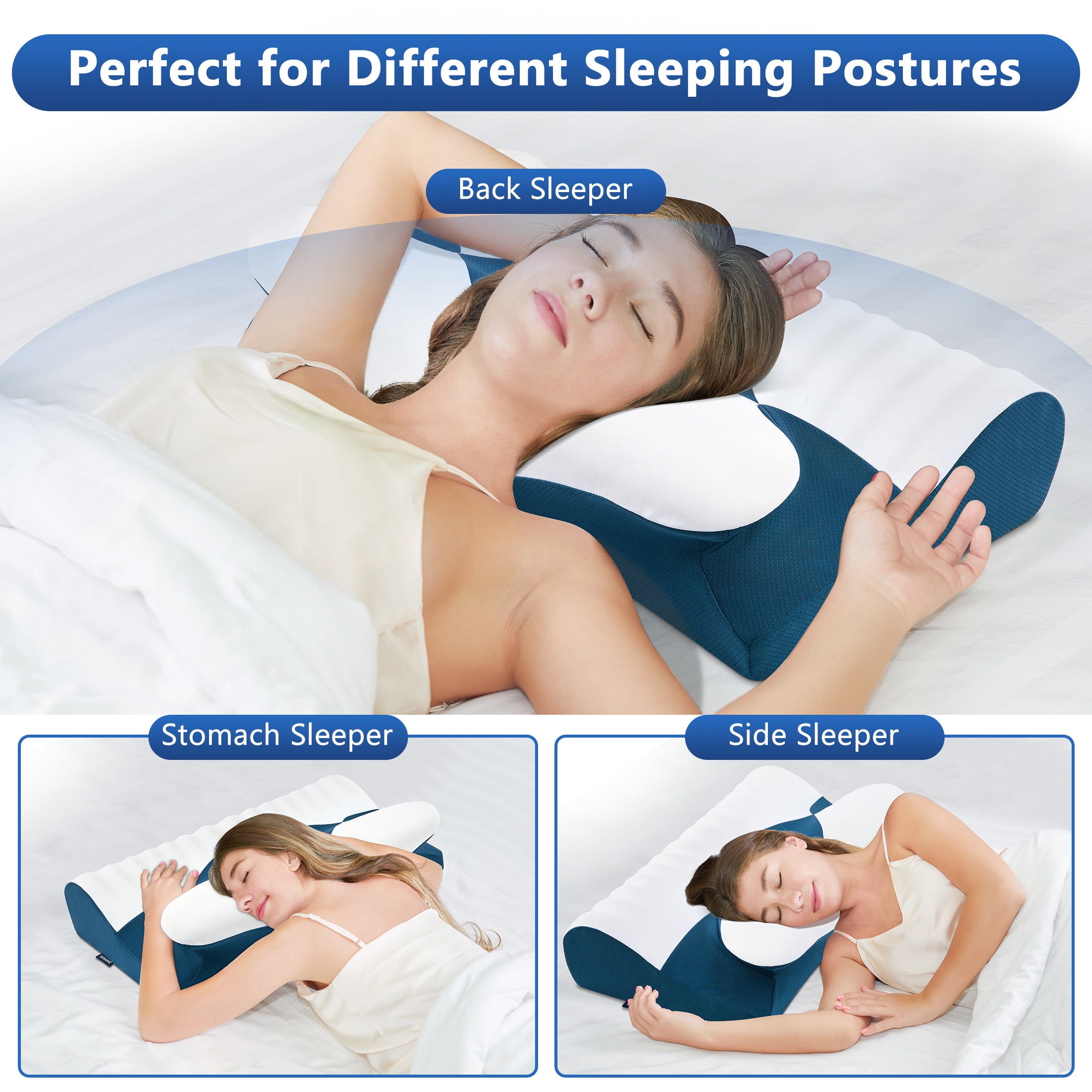 DONAMA Cervical Neck Pillow for Pain Relief Sleeping,Memory Foam Pillow with Breathable Pillowcase,Orthopedic Ergonomic Contoured Support for Side,Back and Stomach,Queen Size 23.62"×14.17"×4.72" Blue