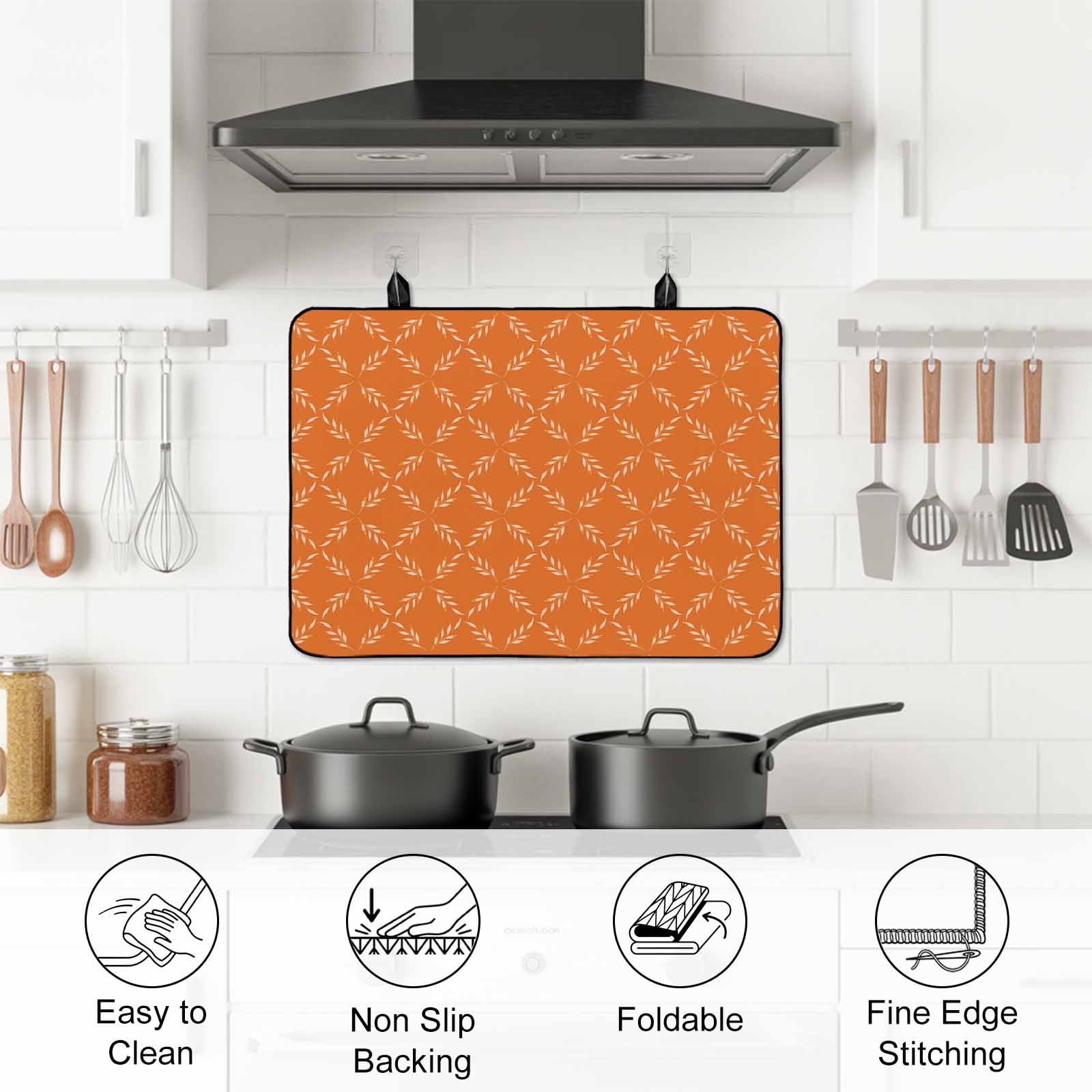 Orange Morocco Stove Top Cover for Electric Stove, Heat-proof & Non Slip Glass Top Stove Cover Protector, Geometric Leaf Diamond Lattice Abstract Kitchen Flat Cooktop Rubber Mat 24x21 Inches