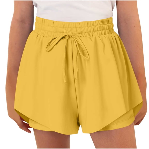 MGDXOX Girls High Waist Double Layer Flowy Skort Shorts Elastic Drawstring Waist Loose Casual Bottoms for Sports Running Beach and Summer Daily Wear Yellow 10 Years