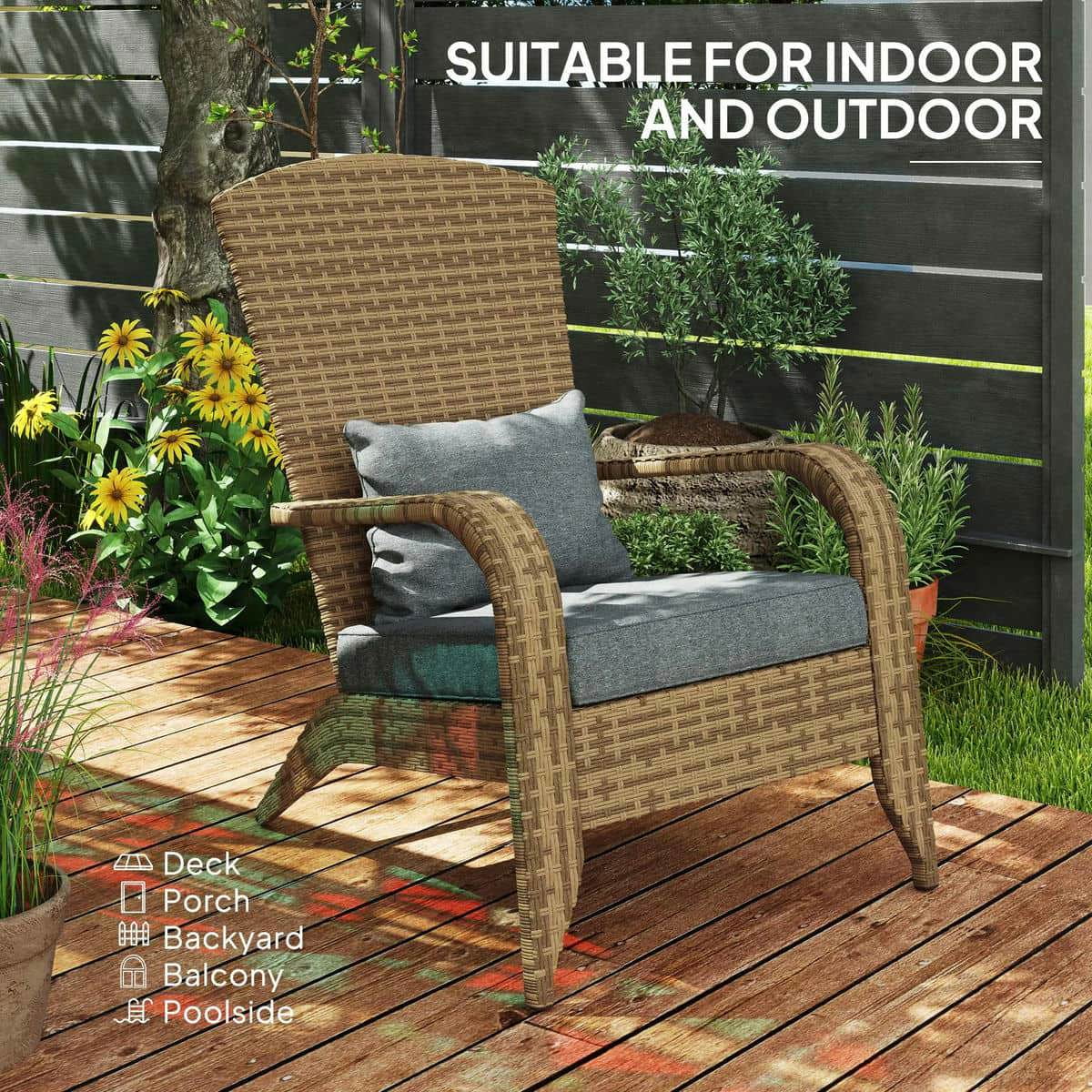 Spaco Patio Adirondack Chair with Rattan Wicker, Rattan Chair with Soft Cushions and Tall Curved Backrest for Outdoor, Charcoal Gray