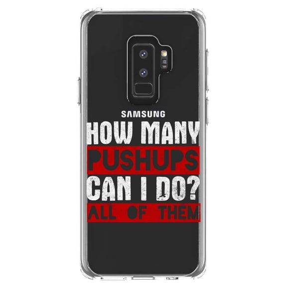DistinctInk Clear Shockproof Hybrid Case for Samsung Galaxy S9  PLUS (6.2" Screen) - TPU Bumper Acrylic Back Tempered Glass Screen Protector - How Many Pushups? All of Them