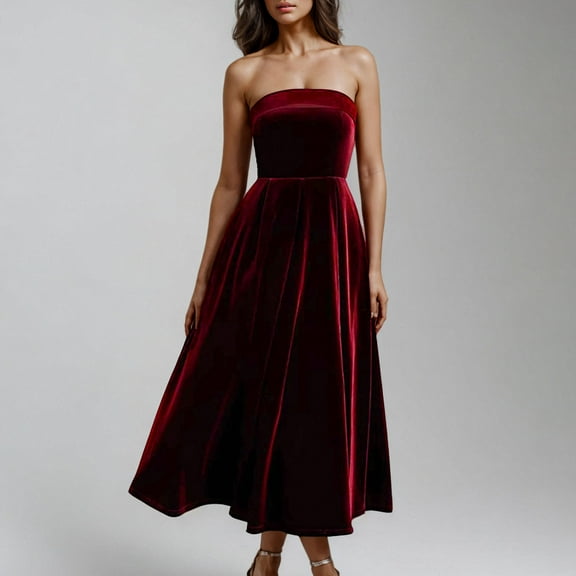 DailyTrove Women's Strapless Velvet Midi Dress - Formal Party & Event Gown, Elegant for Holiday Celebrations for women
