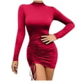 thumbnail image 2 of Women Dresses Plus Long Sleeved Solid Sexy High Collar Fashion Dresses Drawstring Fashion Dresses Red Trendy Skirt Size S, 2 of 7