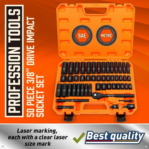 3/8-Inch Drive  Socket Set, 6-Point, 50-Piece Metric & SAE, Cr-V Steel with Adapters & Ratchet Handle