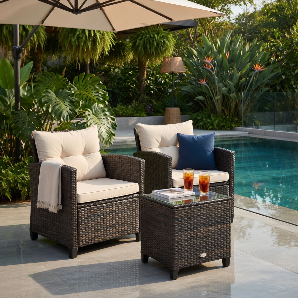 Hommoo 3-Piece Outdoor Rattan Patio Furniture Set with Cushions & Tempered Glass Coffee Table, Beige