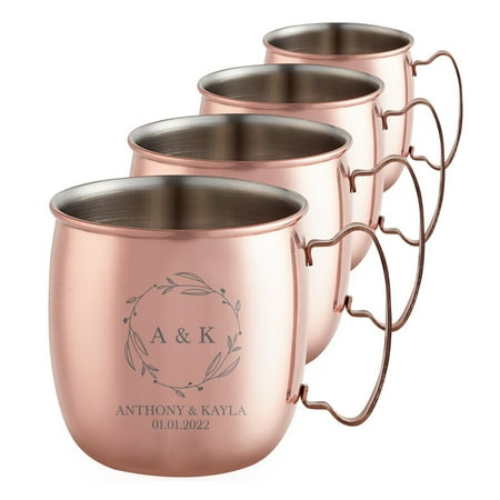 

PERSONALIZED Elegant Custom Engraved Wedding Perfect Gift Round Classic Moscow Mule Mug with Sturdy Handle Rolled Rim Smooth Copper Finish 16oz Thin Leaf Border Set of 4