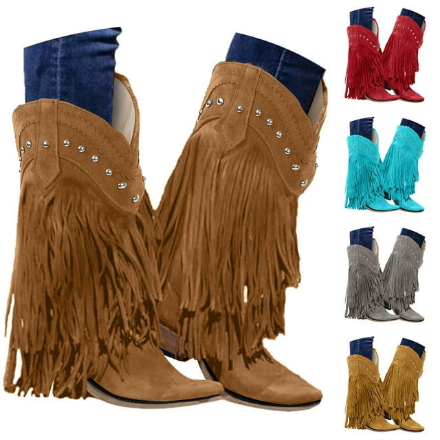 Dakaela Bottes de Cowboy à Franges pour Femmes, Bottes Western de Cowgirl Brodées à Pampilles, Bottes Hauteur Genou à Enfiler