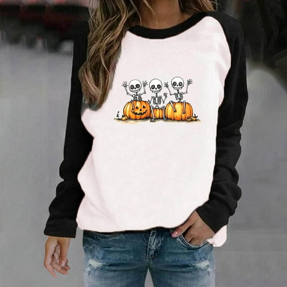 HOOJT Halloween Sweatshirts for Women Oversized Loose Long Sleeve Shirts Fall Round-Neck Blouses Cute Funny Printed Sweaters Crewneck Pullover Top Halloween Costumes
