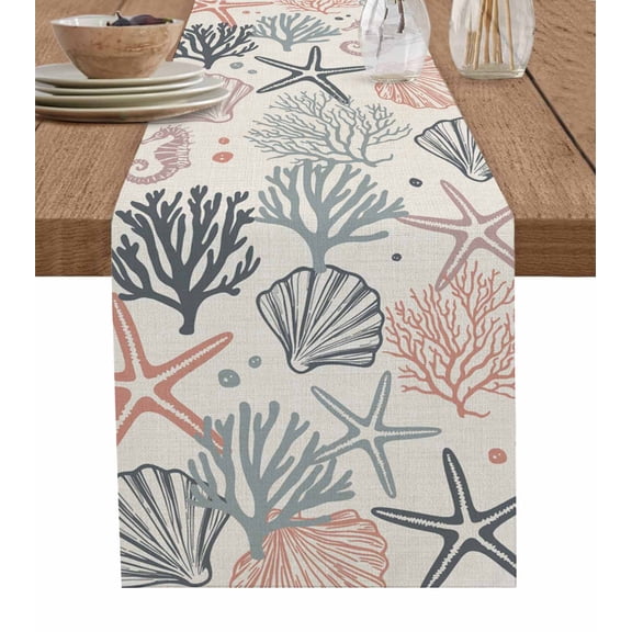 ERUNPONLY Coral Pink Grey Coastal Table Runner - 72 Inch Long Summer Beach Starfish Coral Nautical Rustic Cotton Linen Dress Scarves Farmhouse Table Runner for Kitchen Dining, Coffee Table, 13" x 72"