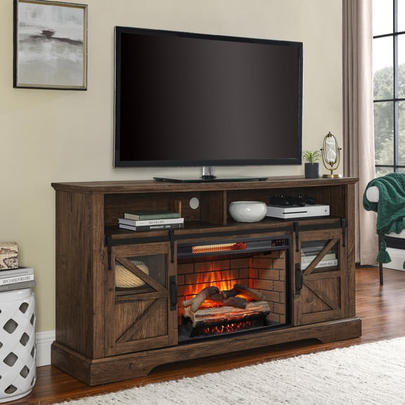 HICOMILA 60" Farmhouse Electric Fireplace TV Stand for TVs up to 70", Rustic Entertainment Center with Adjustable Flame & Storage Cabinets, Remote Control, Reclaimed Barnwood
