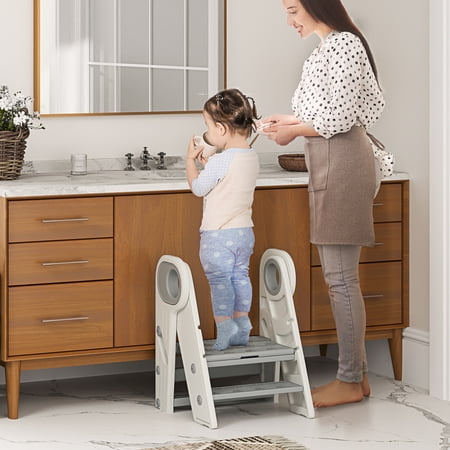 Qaba Toddler Tower, Foldable Kitchen Stool Helper, Adjustable 3 Step Stool with Handles, Non-Slip, Toddler Helper Tower for Bathroom, Sink, Kitchen
