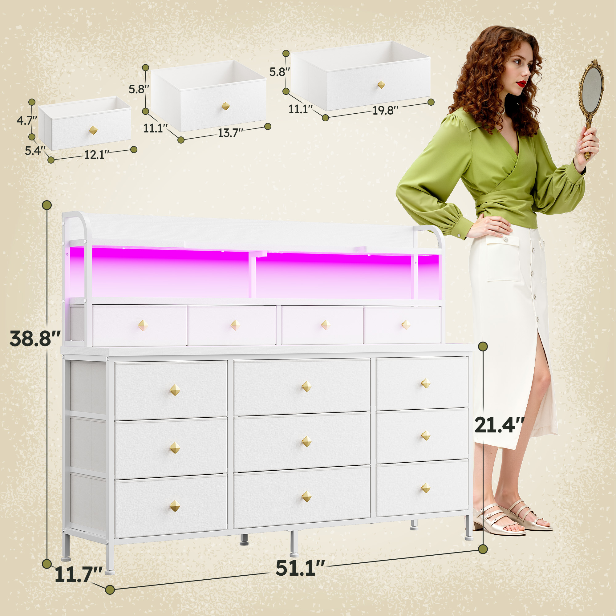 White Dresser for Bedroom Long Dresser with 13 Fabric Drawers and Shelves for Closet Dresser with LED Light