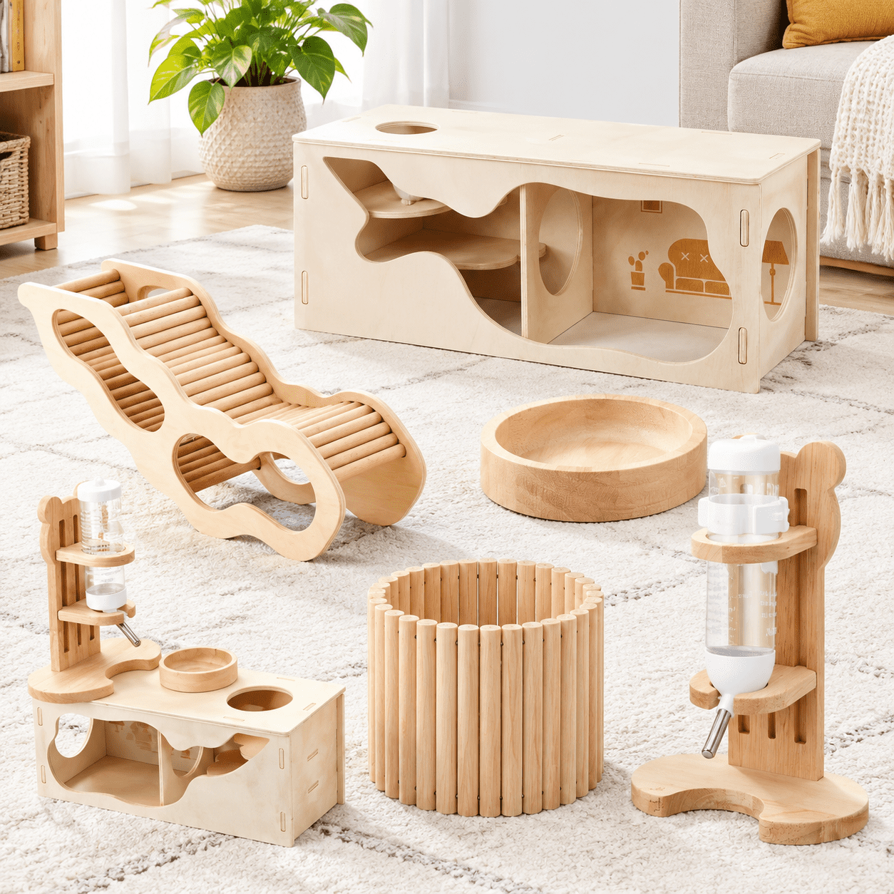 Peek House Wood Small Pet Habitat Set with Play Accessories and Water Bottle