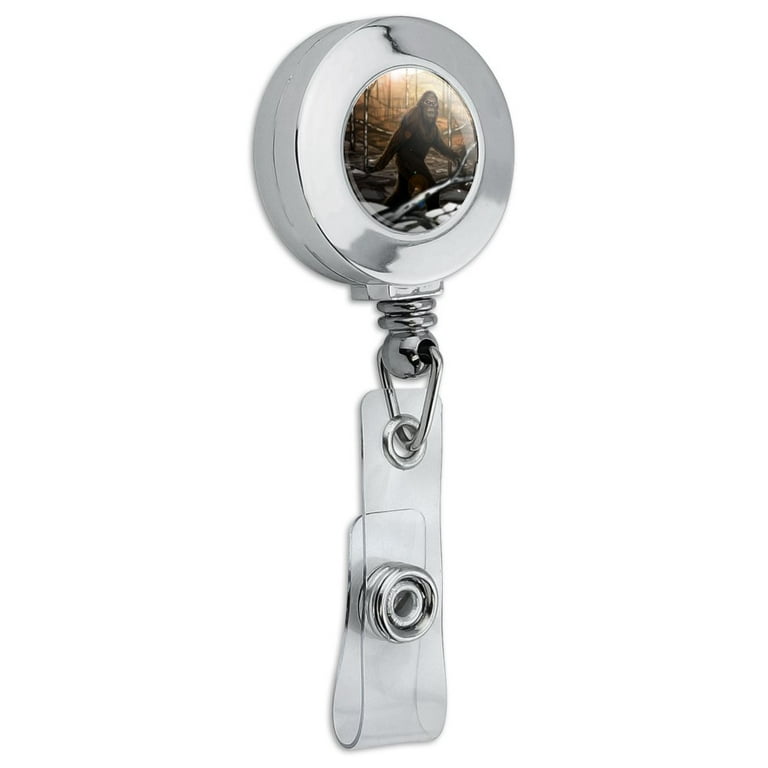 Bigfoot Sasquatch Walking in The Woods Retractable Reel Chrome Badge ID Card Holder Clip