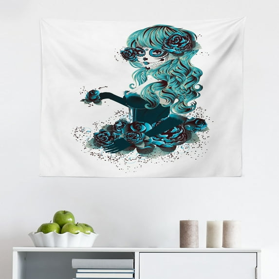 Skull Tapestry, Scary Old Skull Horror USA Dead Native of The Country States Evil Art Print, Fabric Wall Hanging Decor for Bedroom Living Room Dorm, 2 Sizes, Blue White Red, by Ambesonne